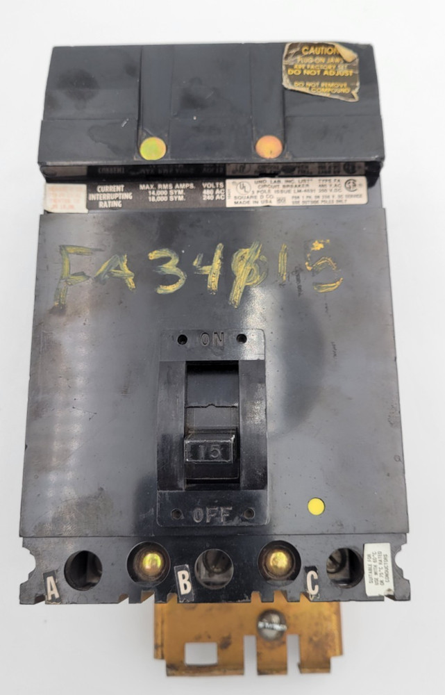 Square D FA34015 15A 3-Pole 3-Phase Circuit Breaker Type FA I-Line Style Plug-On