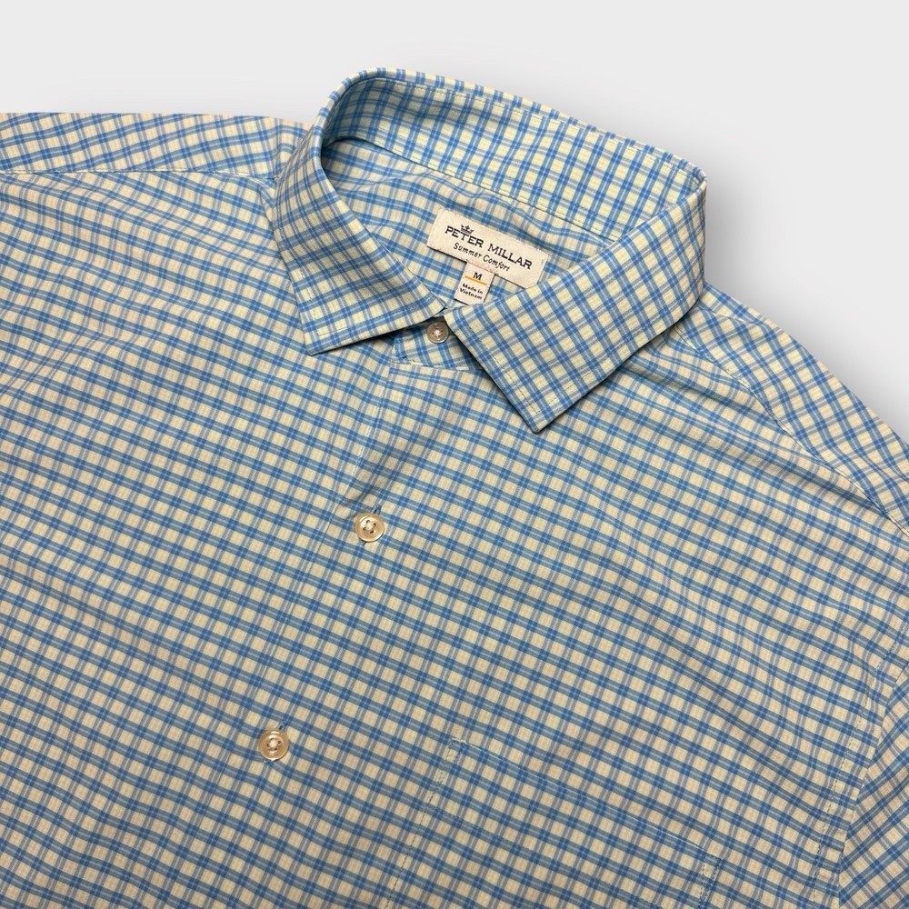 Peter Millar Men’s M Summer Comfort Camp Shirt Blue Plaid Short Sleeve