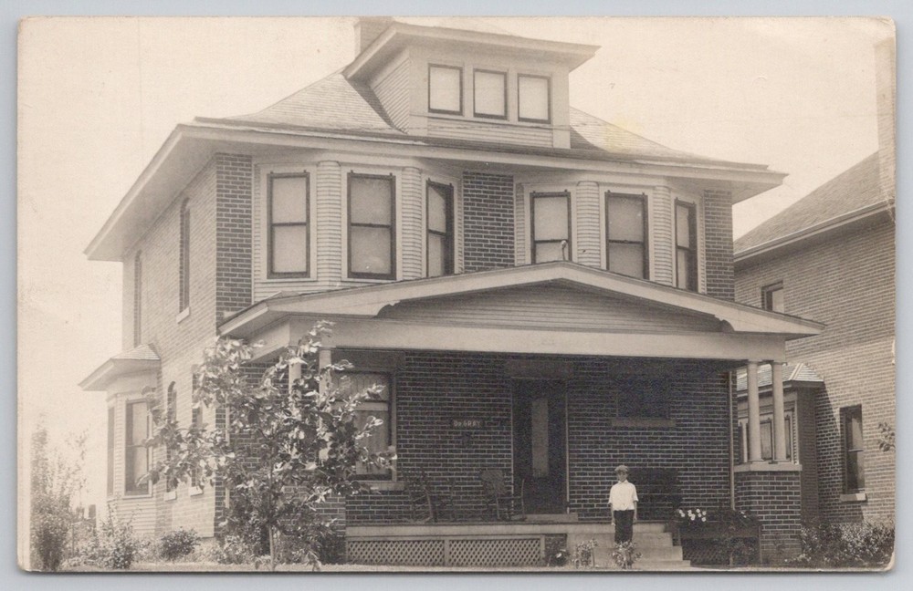 Vintage Real Photo Postcard RPPC Large Brick House & Boy Early 1900s