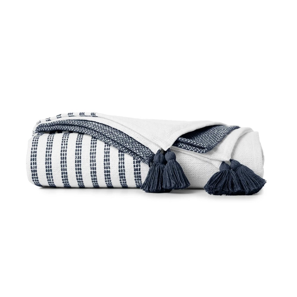 GAP 50x60 Navy Striped Fringed Throw Blanket