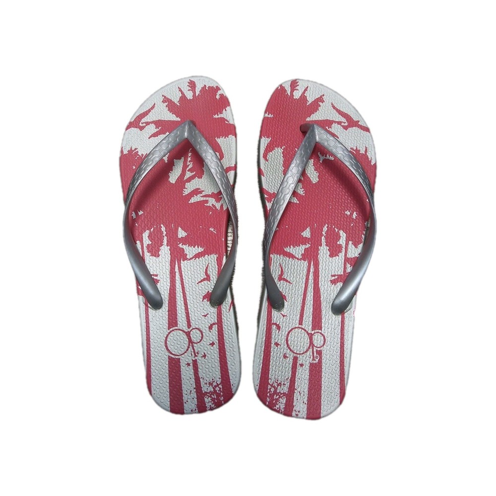 Ocean Pacific Women's Palm Flip-Flops, Red & Silver Beach Sandals US Size 9/10
