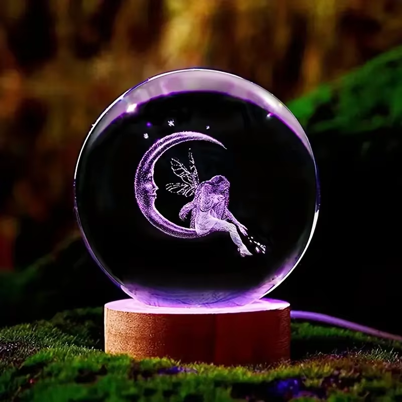 3D Moon Fairy Crystal Ball Night Light with Laser Carving – Unique Gift