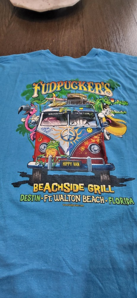 Fudpucker's Beachside Bar & Grill Florida Crewneck Tee Blue Surf XLarge Funny