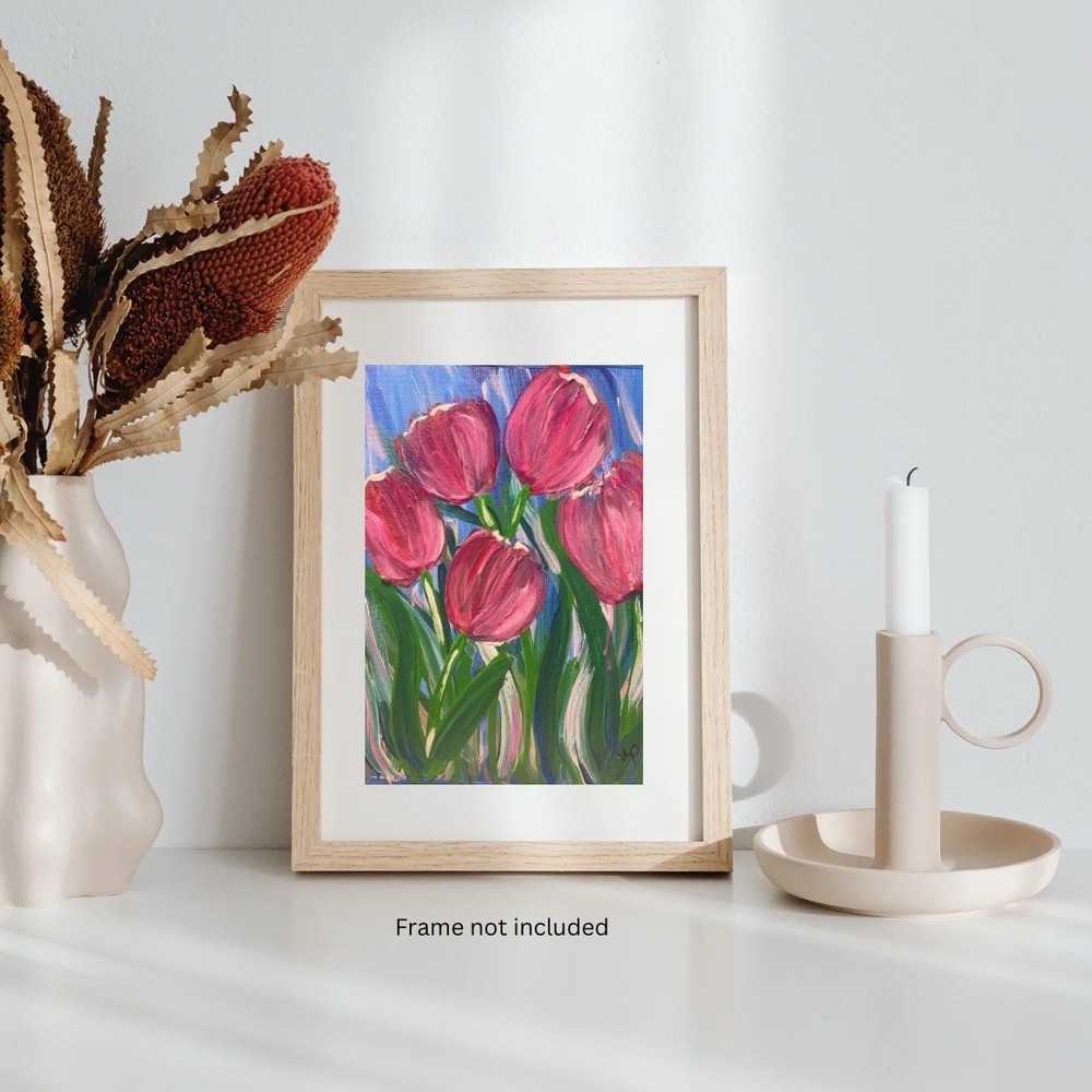 Magenta Tulips Impressionist Abstract Floral Acrylic Small 5x7 Canvas Panel