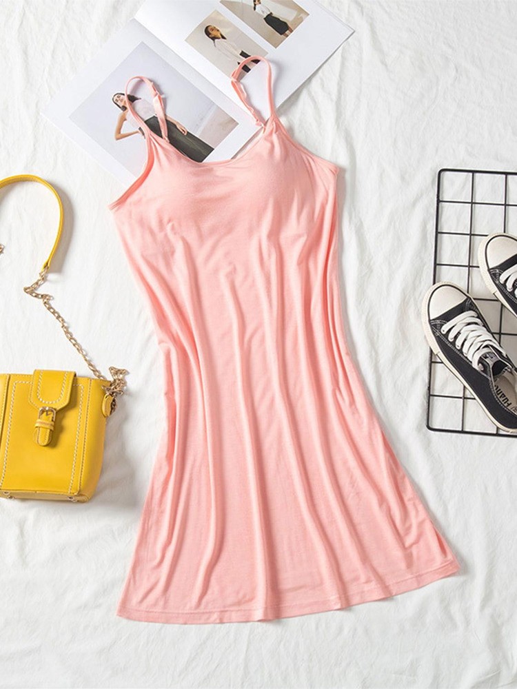Sleeveless Round Neck Spaghetti Strap Cami Dress with Built-in Bra  