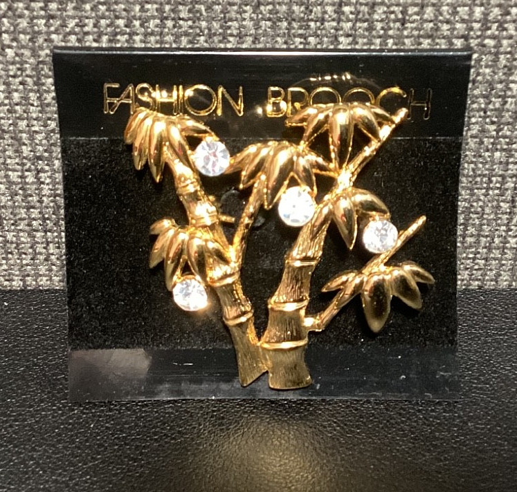 NOS Vintage Palm Trees Gold Tone  BROOCH PIN w/Faux Diamonds 1 7/8