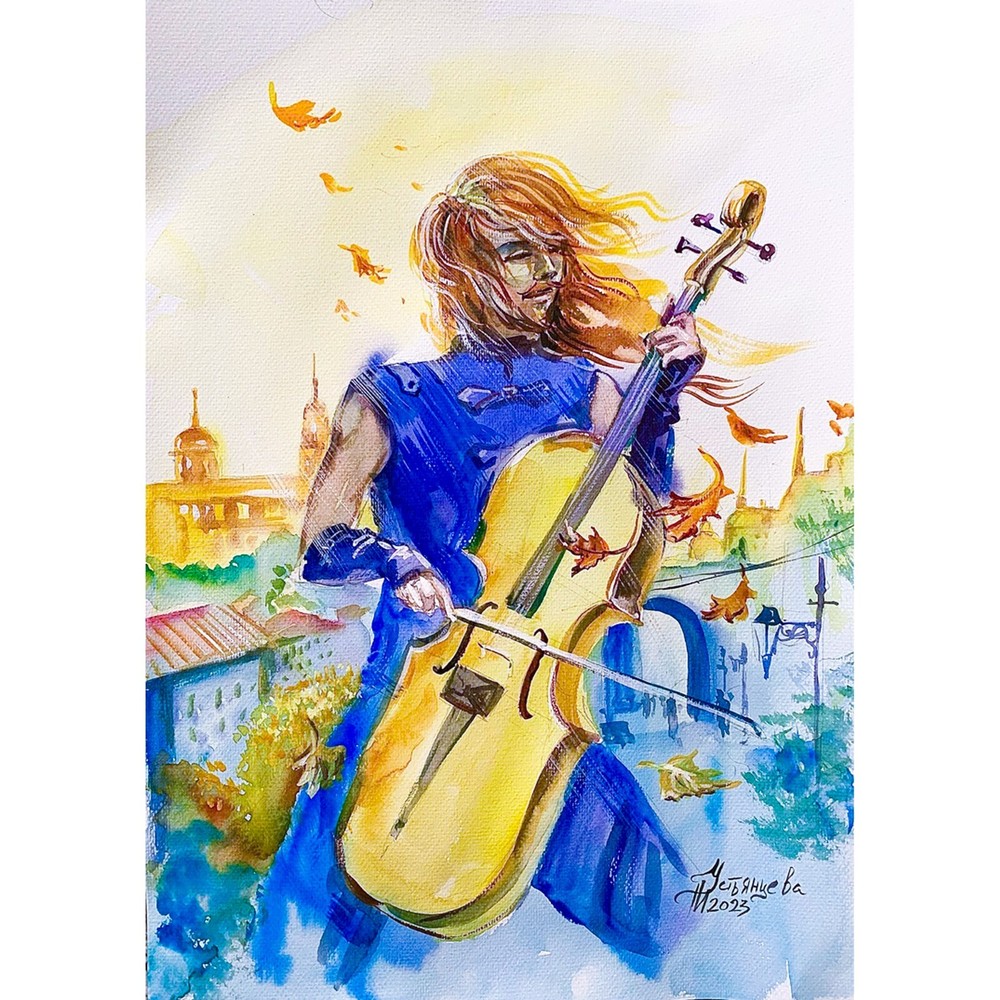 Músico violonchelo acuarela pintura arte original paisaje urbano música fantasía 12x16 pulgadas