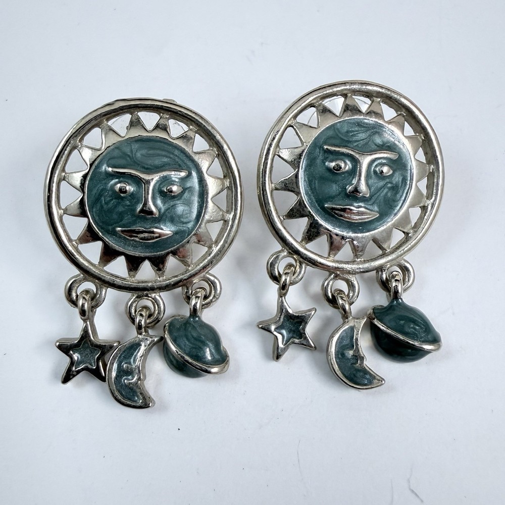 Vintage Celestial Enameled Face in Moon Planets Stars Dangle Pierced Earrings