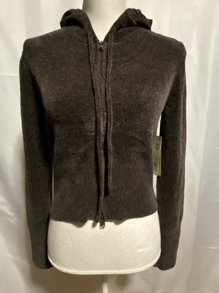 Chenille Y2K Vibe Zip Cropped Sweater Hoodie Sz S Breen Chocolate Coffee Brn NWT