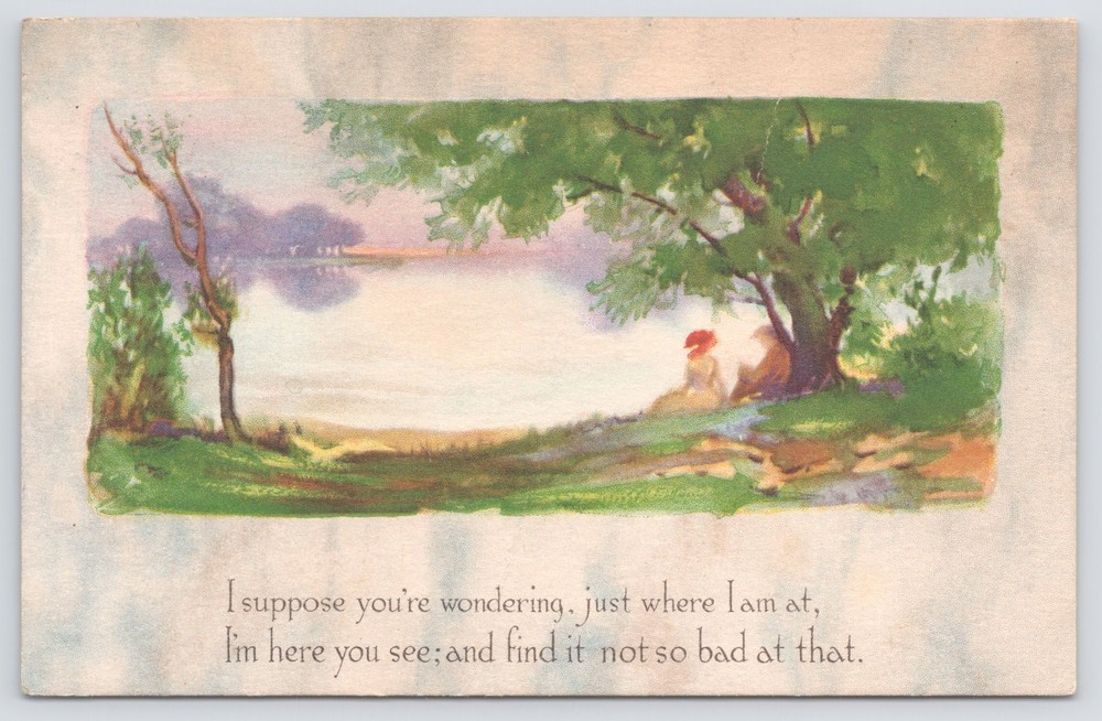 Greetings~Girl On Lake I Suppose You're Wondering~Vintage Postcard