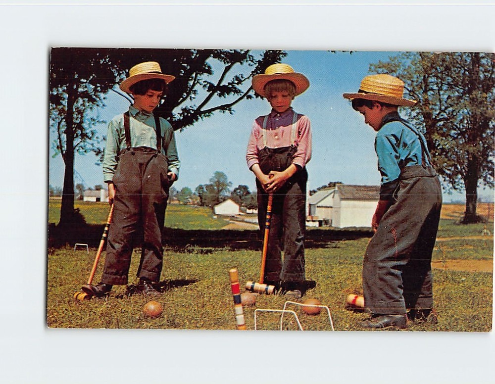 Postcard Amish Boys Playing Croquet Pennsylvania USA