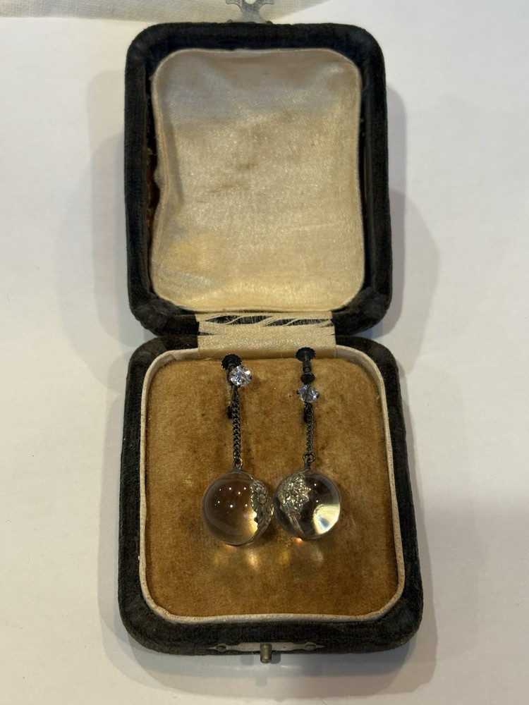 Antique Pools Of Light Sterling Silver Earrings Original Box 1920s Rock Crystal