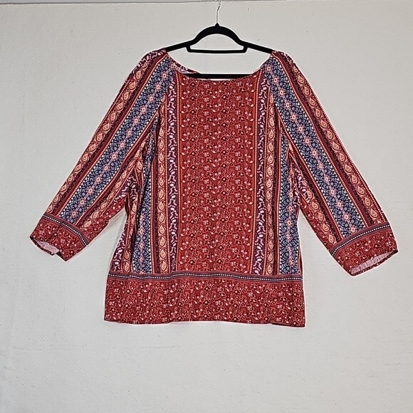 J Jill Floral Paisley 3/4 Sleeve Rust and Blue Rayon Peasant Blouse Top Size 2X