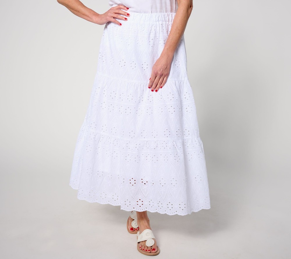 Susan Graver Women's Plus Sz Skirt 3X PURE Cotton Eyelet Tiered White A638818