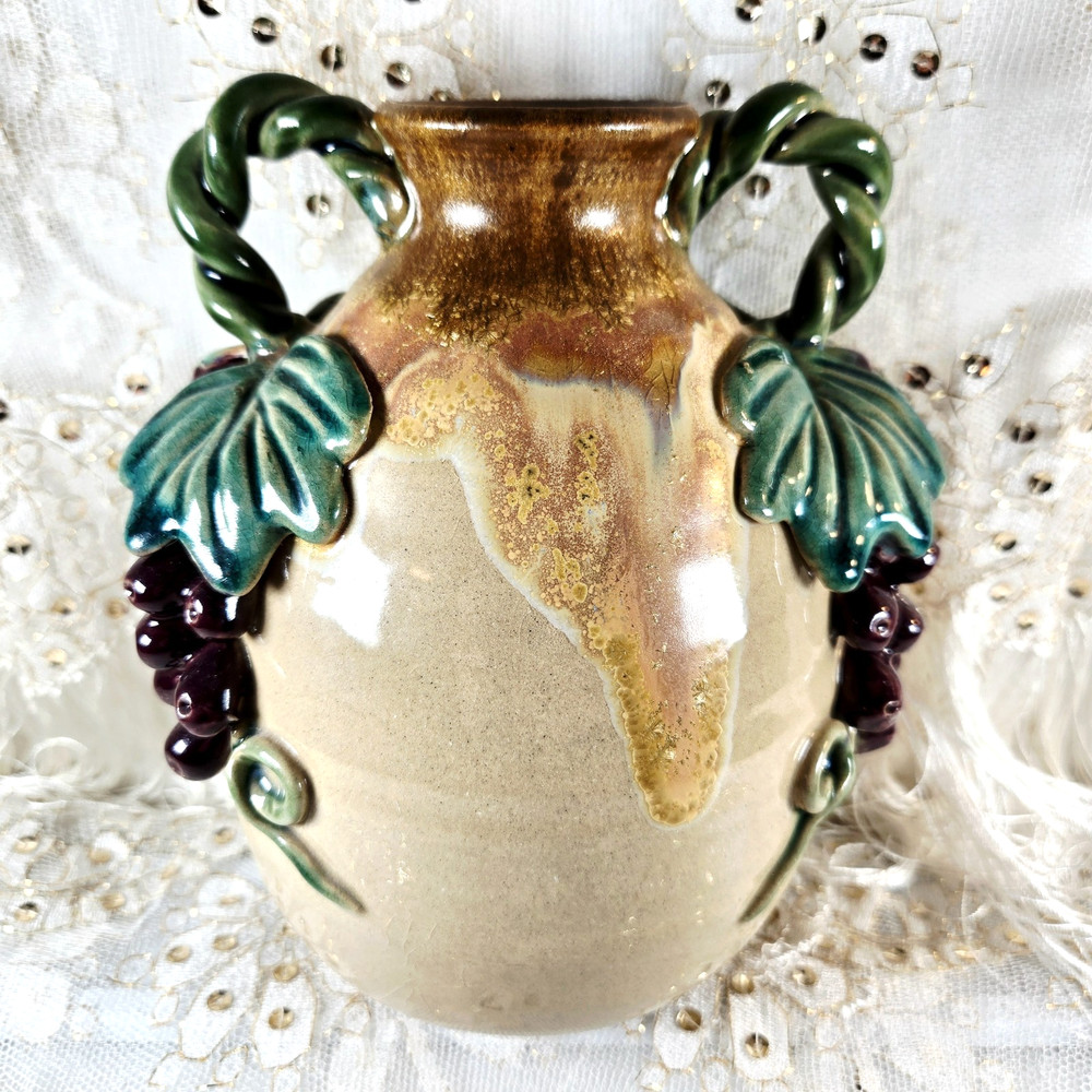 Vintage Majolica Double Handle Jug Vase 3D Grapevine Design A10 7