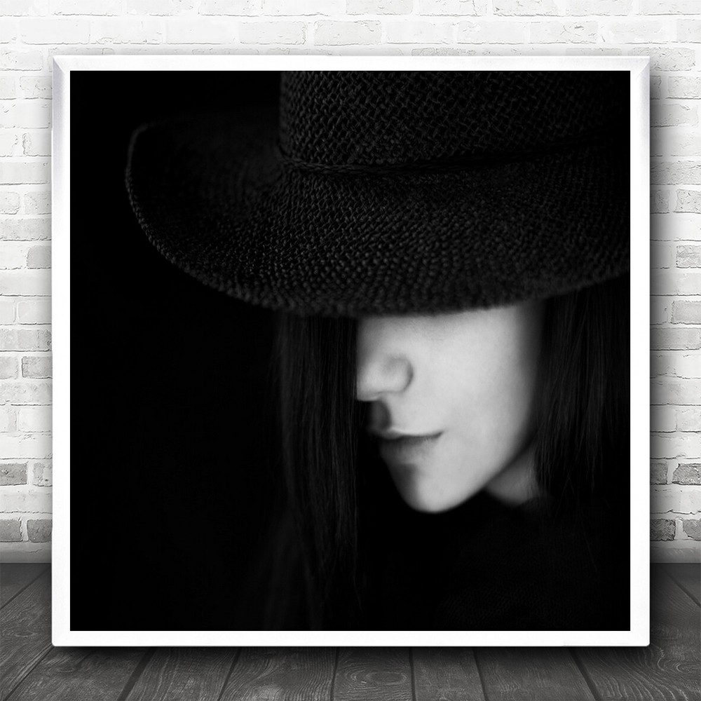 Portrait Person Woman Hat Shy Hide Covered Dark Mystery Mystic Square Art Print