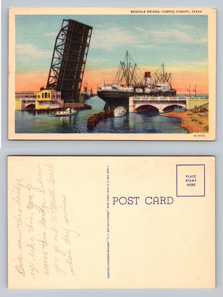Corpus Christi, TX-Texas, Ship Passing Under Bascule Bridge Vintage Postcard