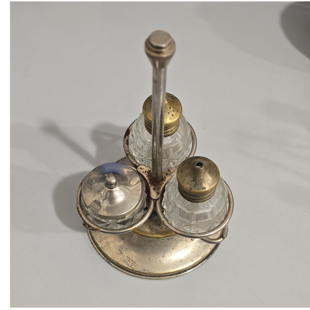 Vintage Glass & Metal Salt and Pepper Shaker Set with Holder Silver Gold