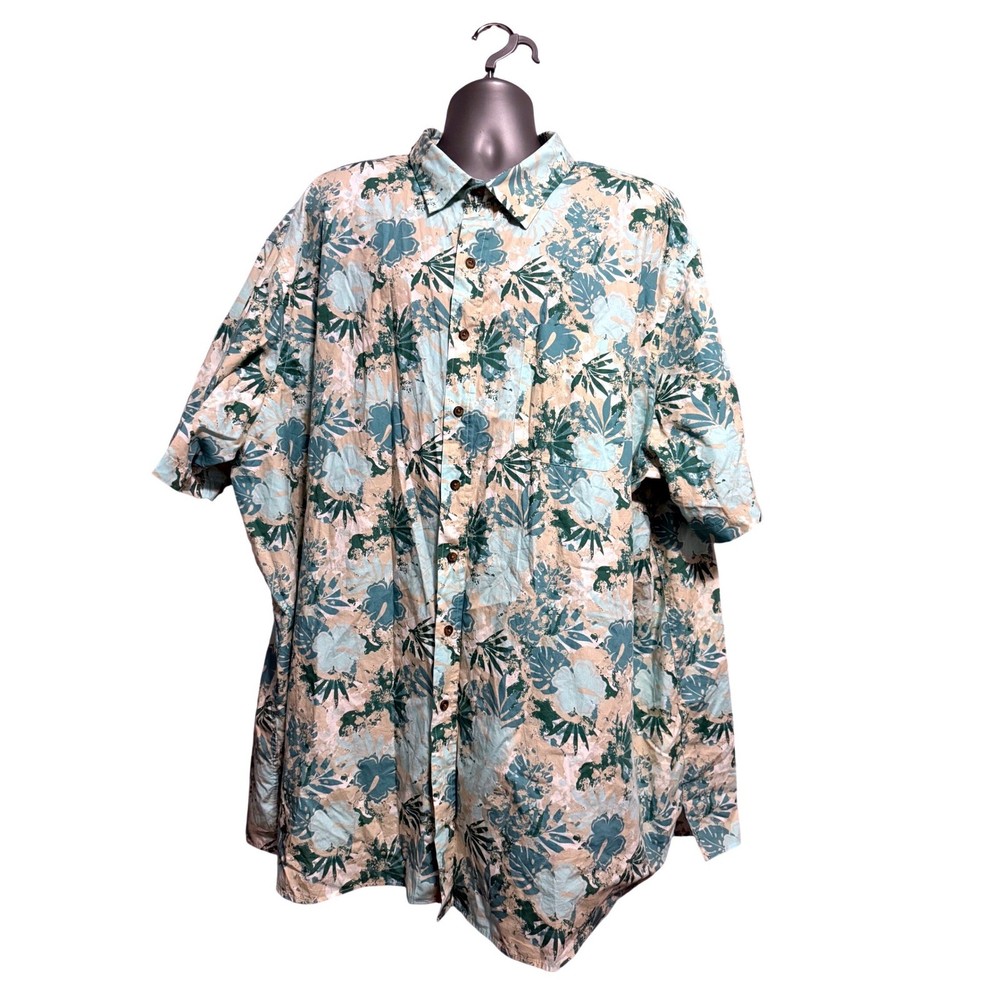 HB Harbor Bay Mens 4XLT Hawaiian Shirt Short Sleeve Floral Teal Tan Big & Tall