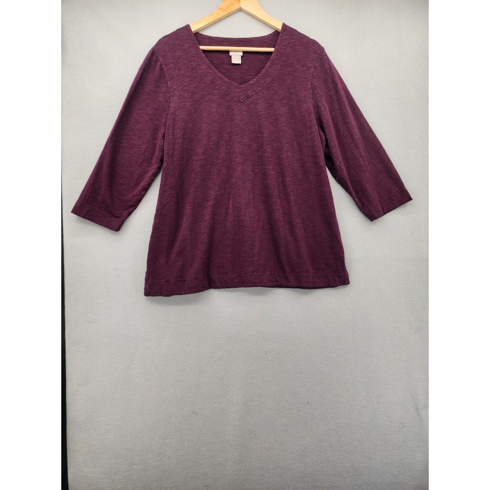 Chico's Size 3 XL Plum Purple V-Neck Top 3/4 Sleeve Slub Knit Cotton Modal Blend