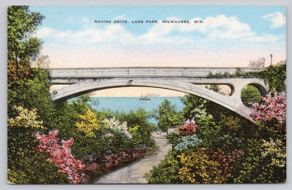 Vintage Linen Postcard Ravine Drive Lake Park Milwaukee WI Scenic Bridge