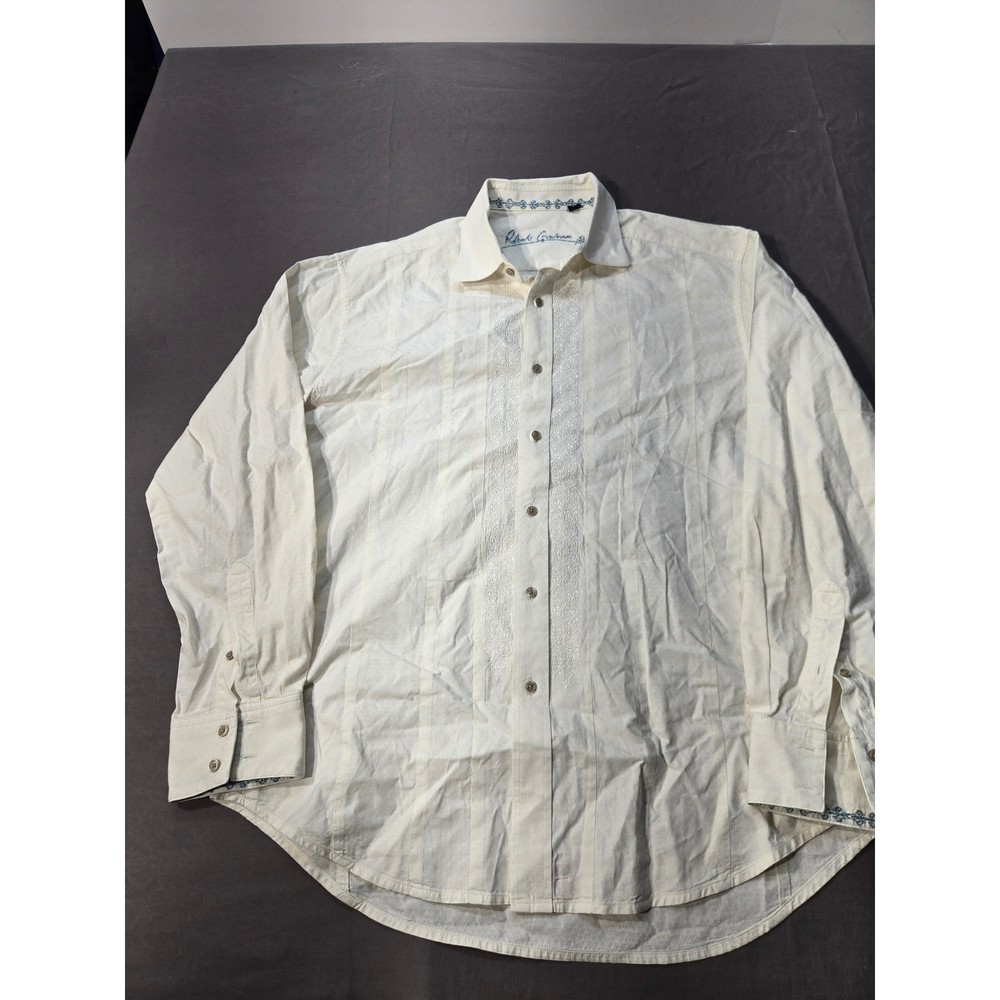 Robert Graham Mens Cream Embroidered Button Down Shirt Long Sleeve Off White XL