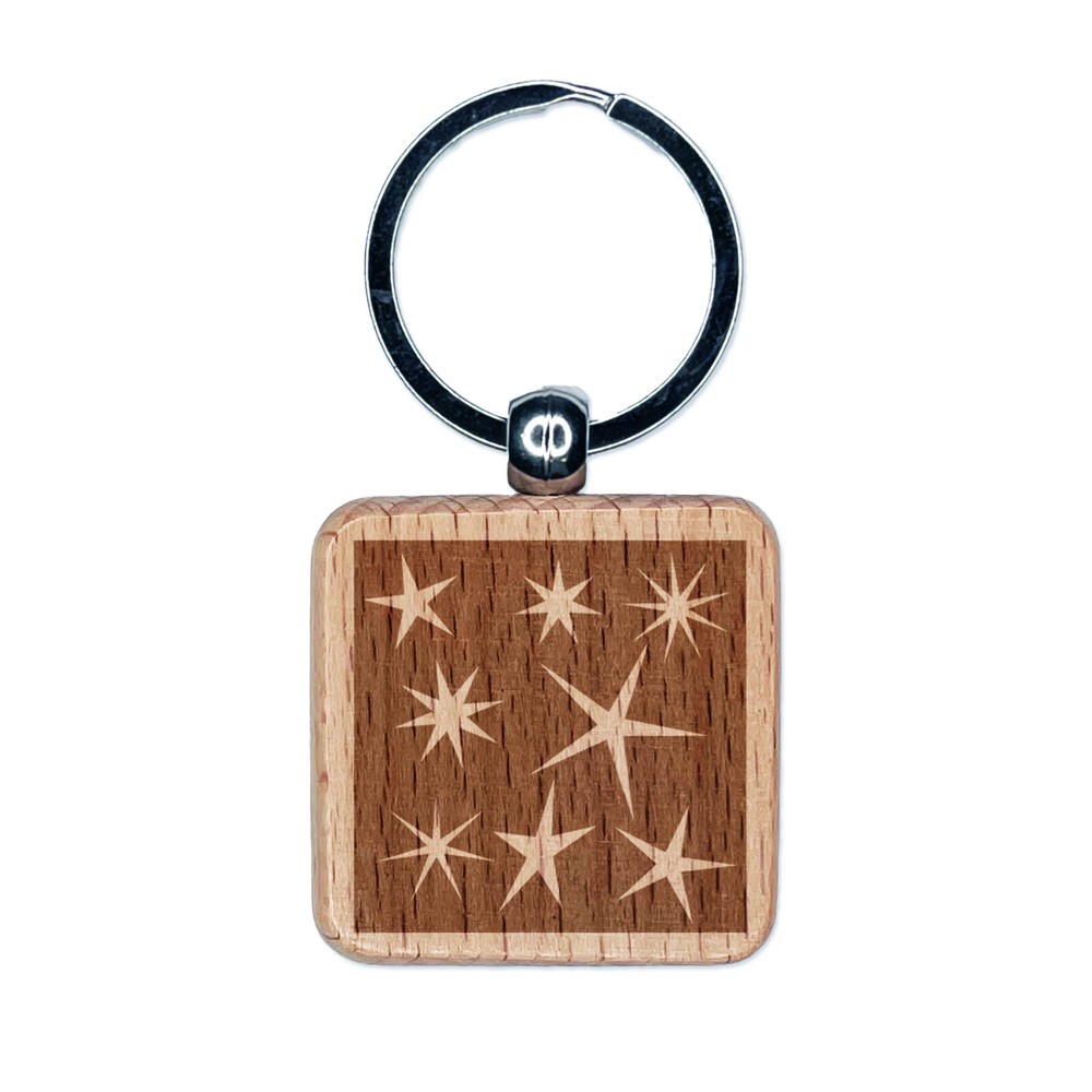 Llavero cuadrado de madera grabado con etiquetas de fondo de estrellas en la noche