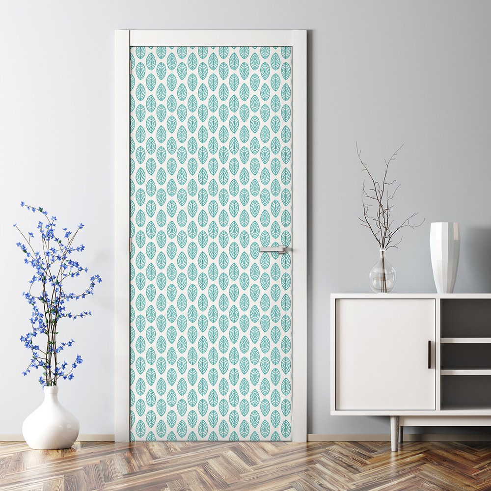 Blue and White Leaves Bubble-Free Door Sticker Wall Decal Home Decor