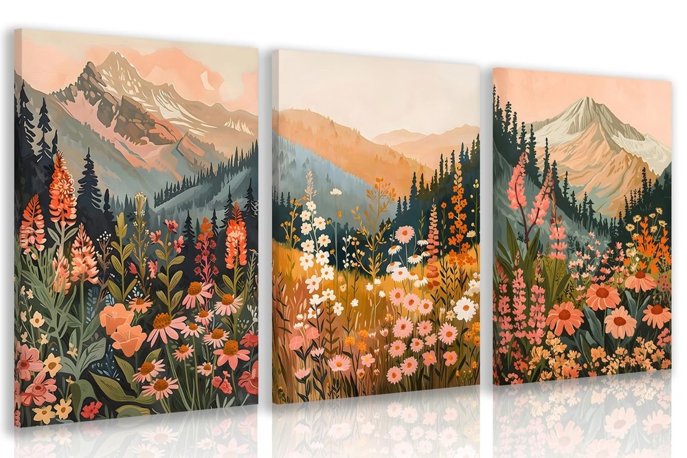 kilamino Framed Boho Daisy Flower Wall Art, Colorful Mountain Floral Wall Dec...