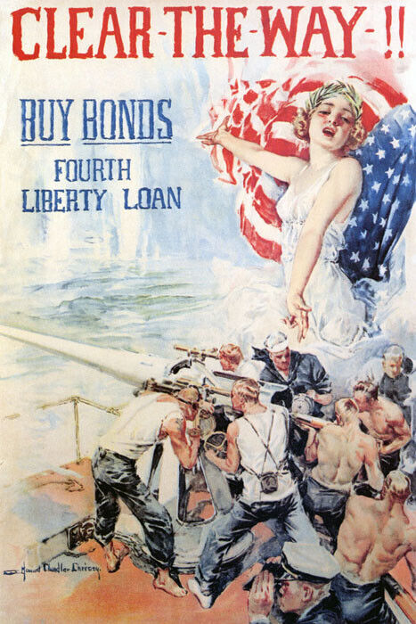CLEAR THE WAY UNITED STATES NAVY WAR GIRL LIBERTY LOAN FLAG VINTAGE POSTER REPRO