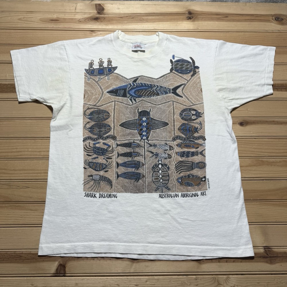 Vintage Shark Dreaming Australian Art Indigenous Aboriginal Shirt Mens Size XL