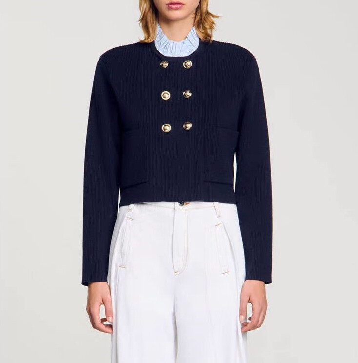 Women Sandro Lace Collar Contrasting Knit Long Sleeve Coat Top