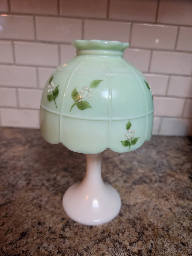 Vintage Westmoreland Hand-painted Jadite Milk Glass Fairy Lamp White Base