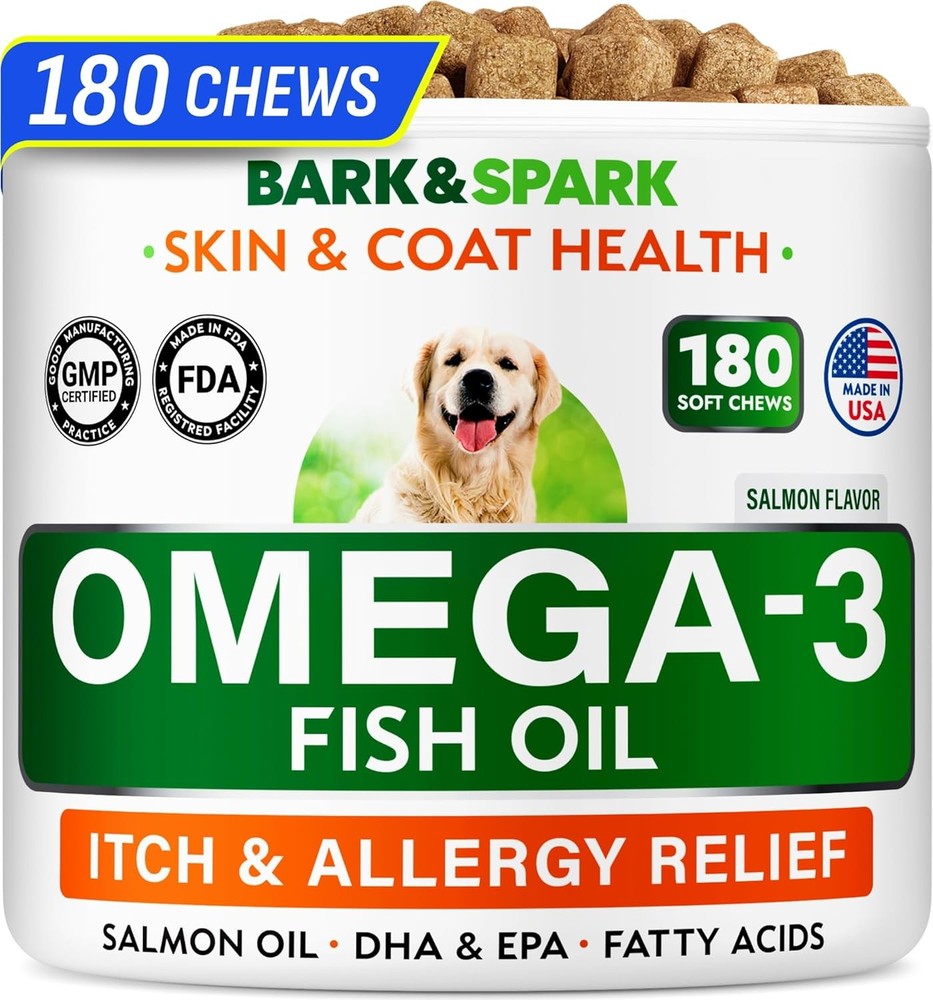 BARK&SPARK Omega 3 for Dogs - 180 Fish Oil Treats 180 Ct, Skin Health