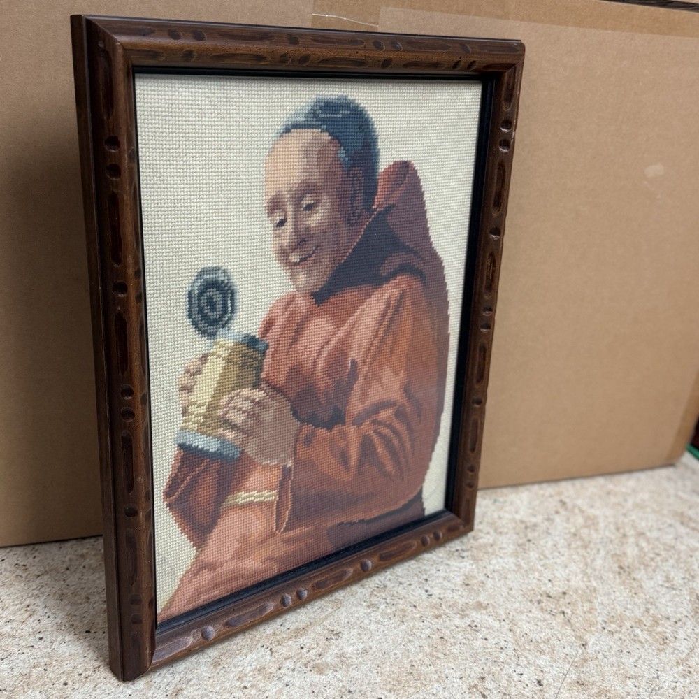 Vintage Monk Drinking Beer Needlepoint Framed Wall Art Handmade 15”x19”