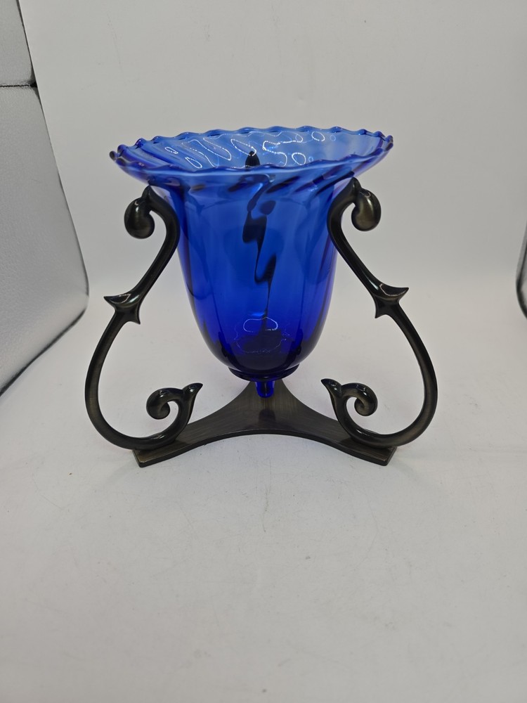 VTG PartyLite Soliloquy Cobalt Blue Glass Candleholder & Metal Base