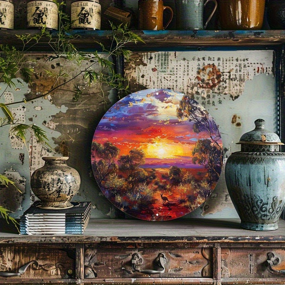 Australian Outback Sunset Round Aluminum Wall Art Vibrant Colors Landscape