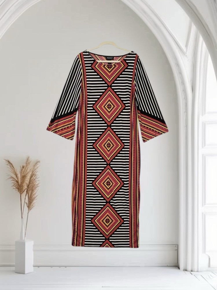 Ashro Women’s Maxi Dress Size Medium Bell Sleeve Multi Geo Print Artsy Boho Chic