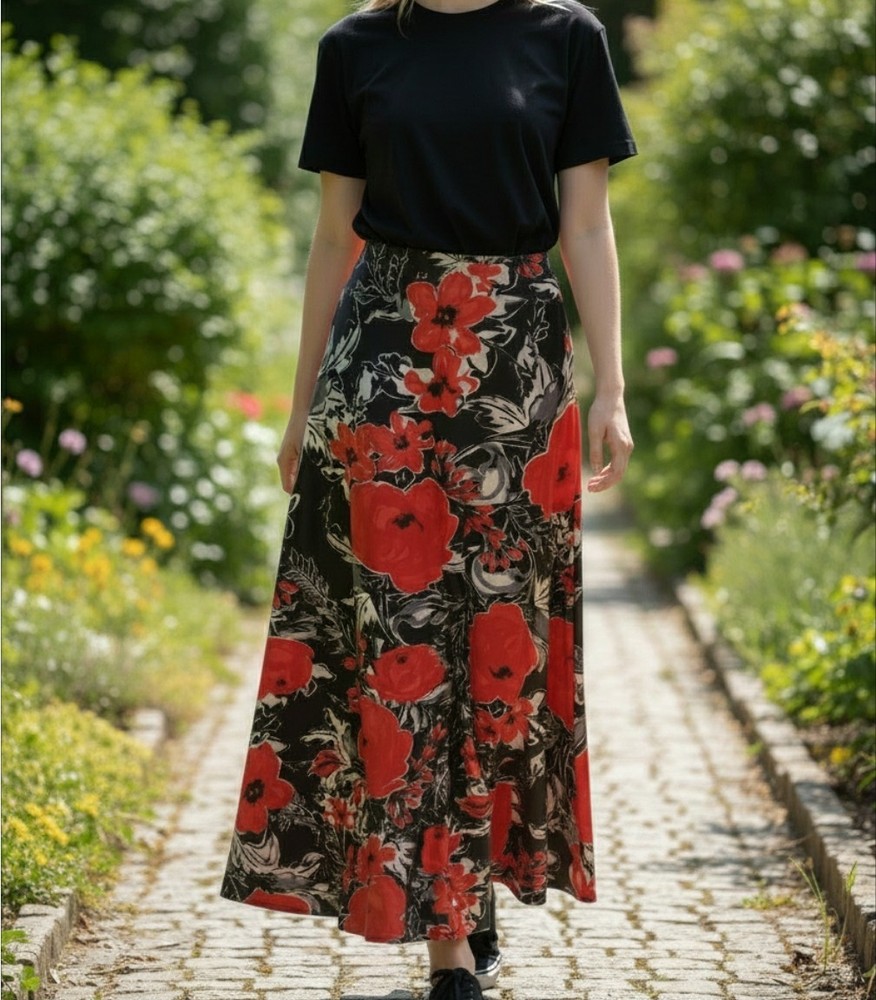 Black Label Evan-Picone Rose Print Maxi Skirt, SZ L