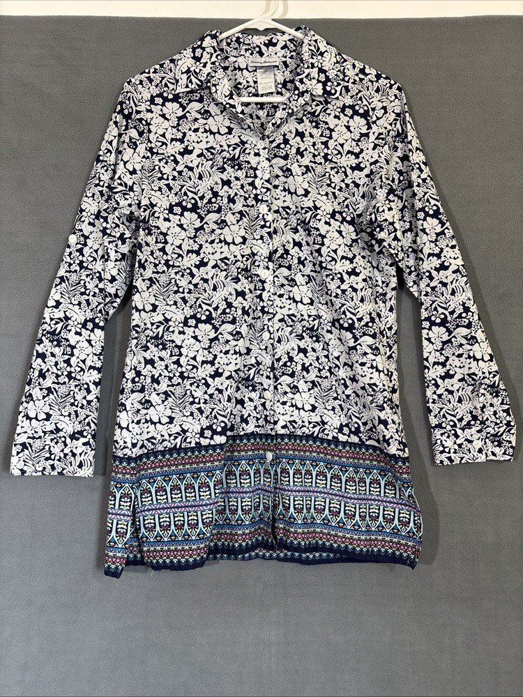 Tommy Bahama Women’s Small Tall Button Up Shirt Blue White Hawaiian Print Floral