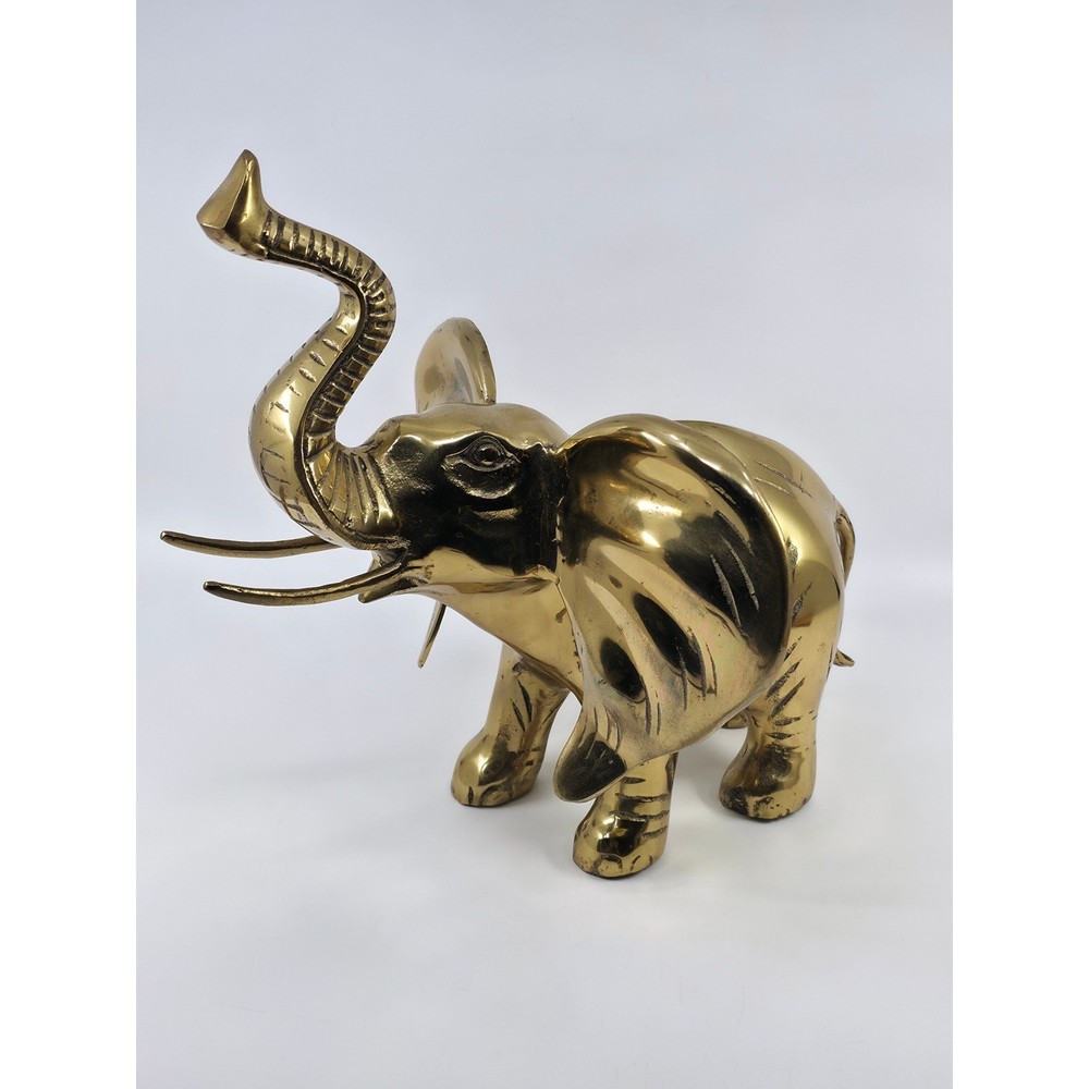 Vintage Solid Brass Elephant Figurine Trunk Up Good Luck Statue Mid Century 11in