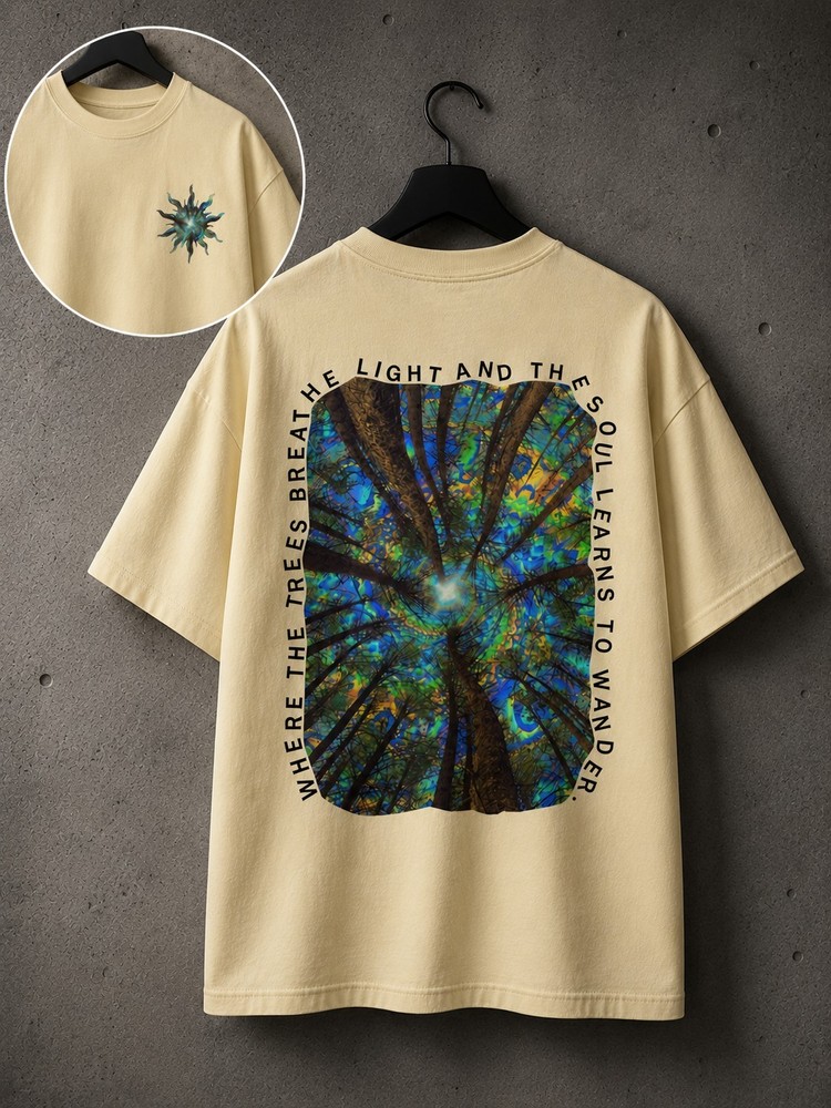 Men's Beige Graphic Print Crew Neck Short Sleeve T-Shirt M Double-Sided