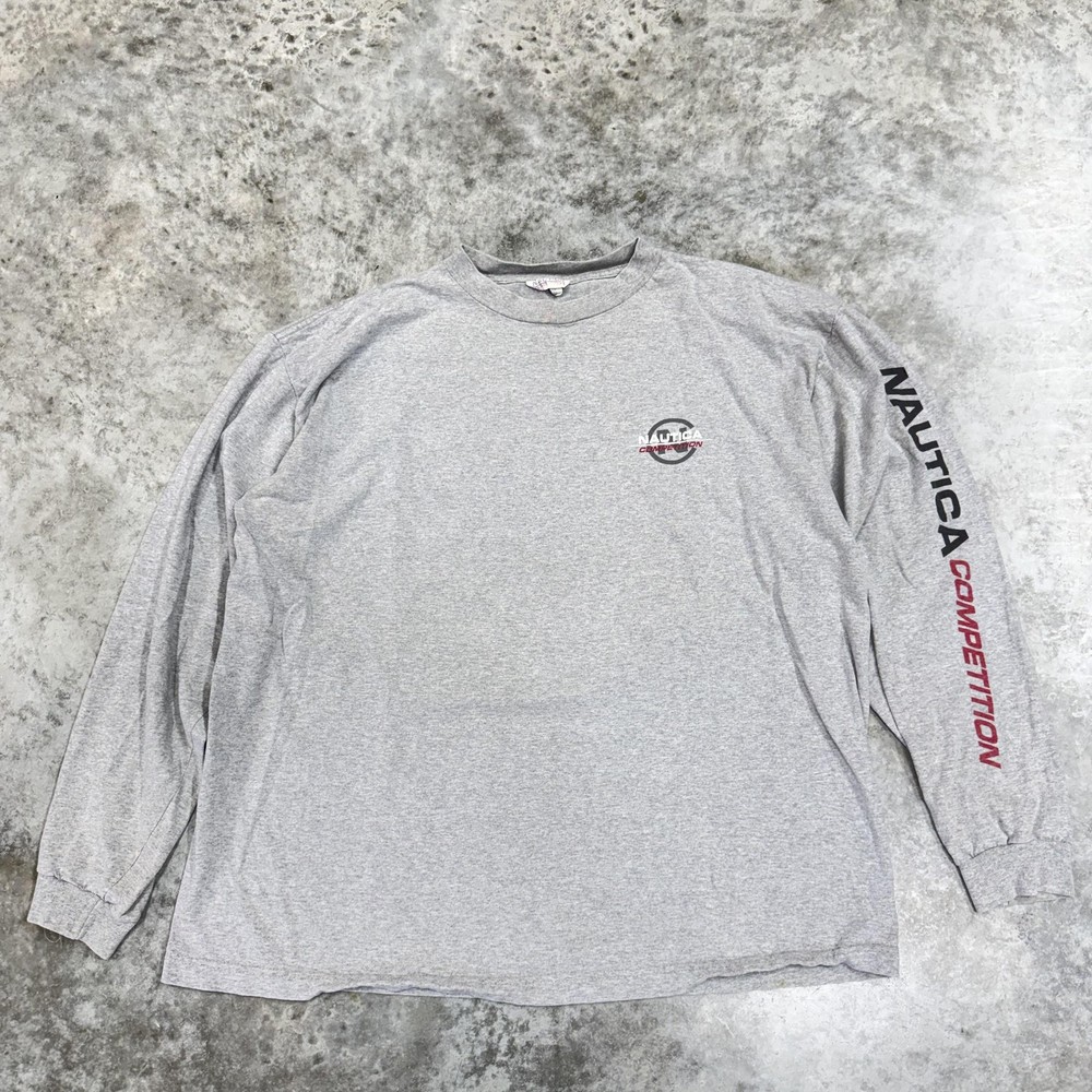 Vintage Nautica Competition Shirt Mens Large Gray Long Sleeve Logo Tee USA 90s
