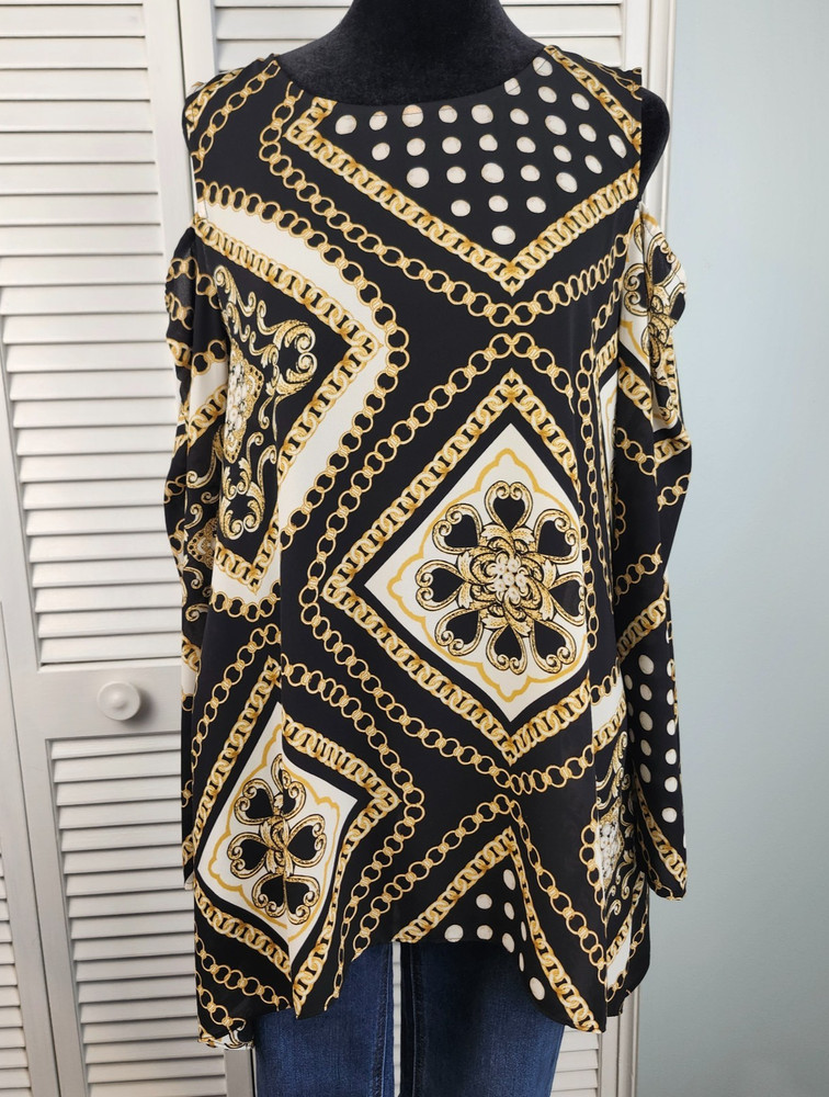 Chico's Cold Shoulder Top sz Medium Chain Print Black Gold White 3/4 Sleeve Y2K