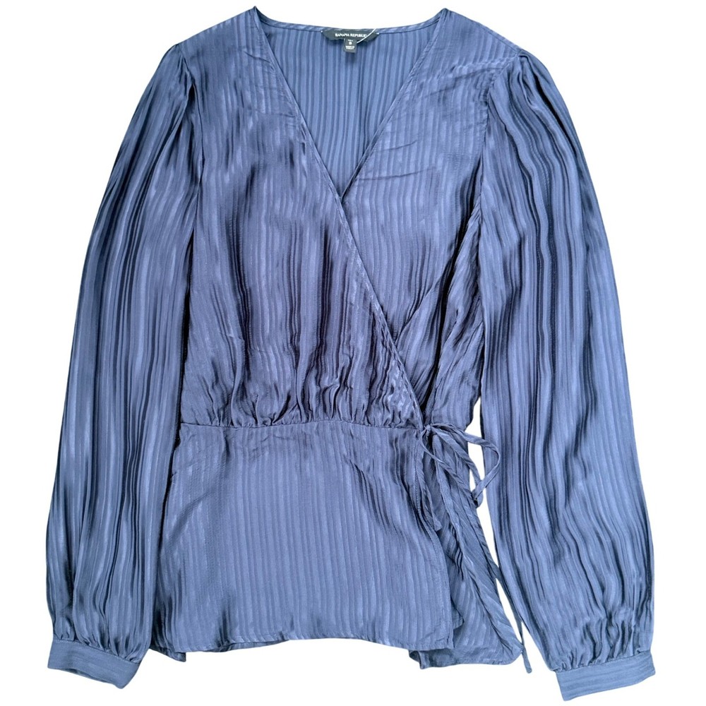 A1 Banana Republic Blouse Wrap Front Long Sleeve Top Striped Blue Small Tall