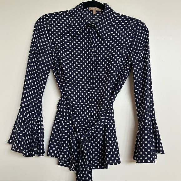 Michael Kors Collection 100% Silk Polka Dot Belted Blouse Navy Blue Size 2