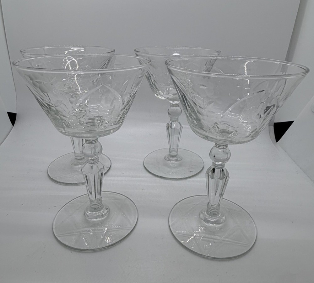 Champagne Coupes Crystal Etched Floral wide rim Vintage Glass stemware Set Of 4