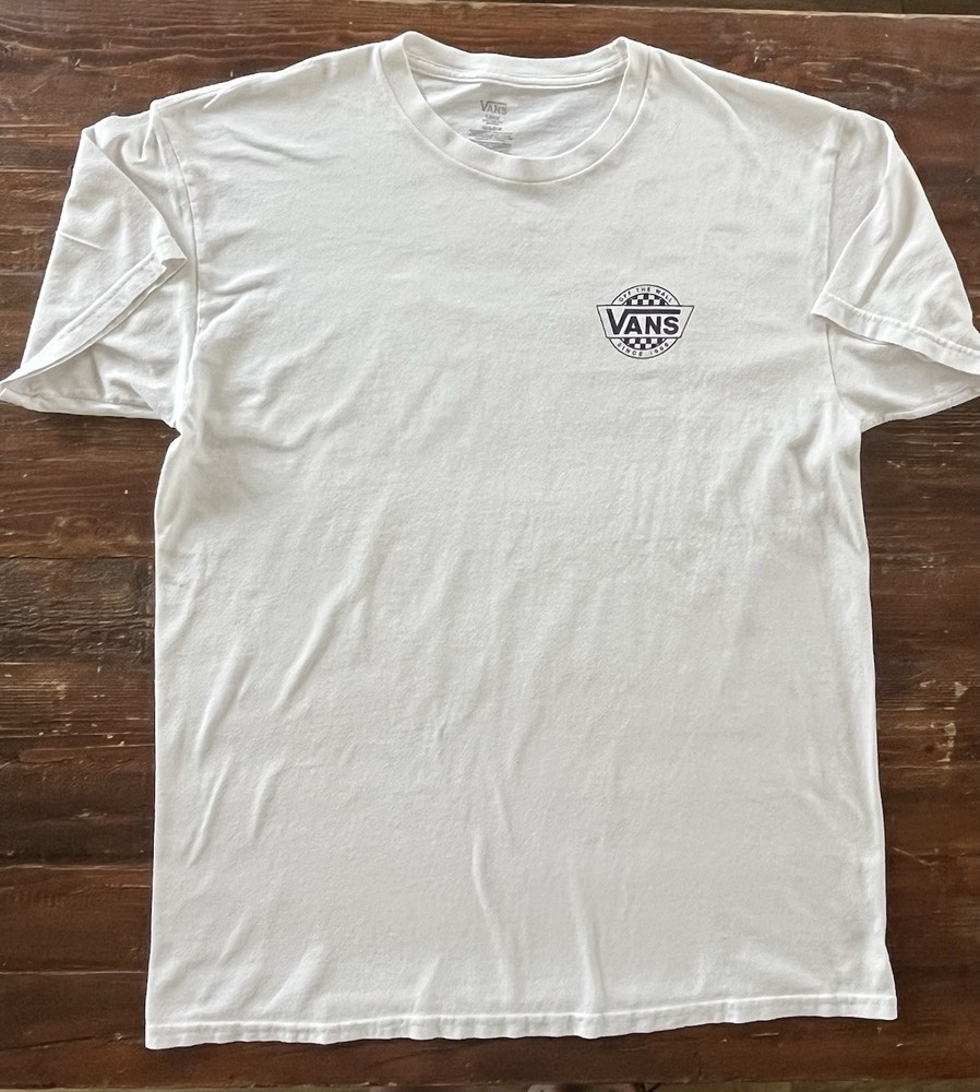 VANS Men's L White Crew Neck Short Sleeve Cotton Knit Off The Wall Logo Tee