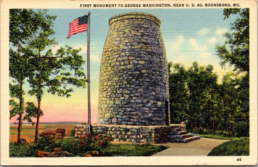 Washington Monument Boonsboro MD Linen Postcard 1st Monument US Flag Vintage
