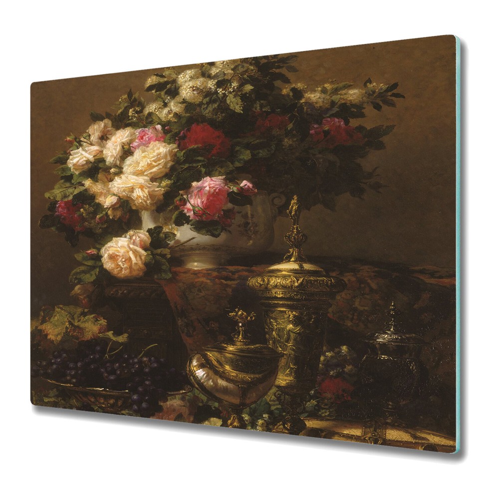 Glass Chopping Board Utensil Vase Flowers Oil Painting Dutch Nature Art 60x52